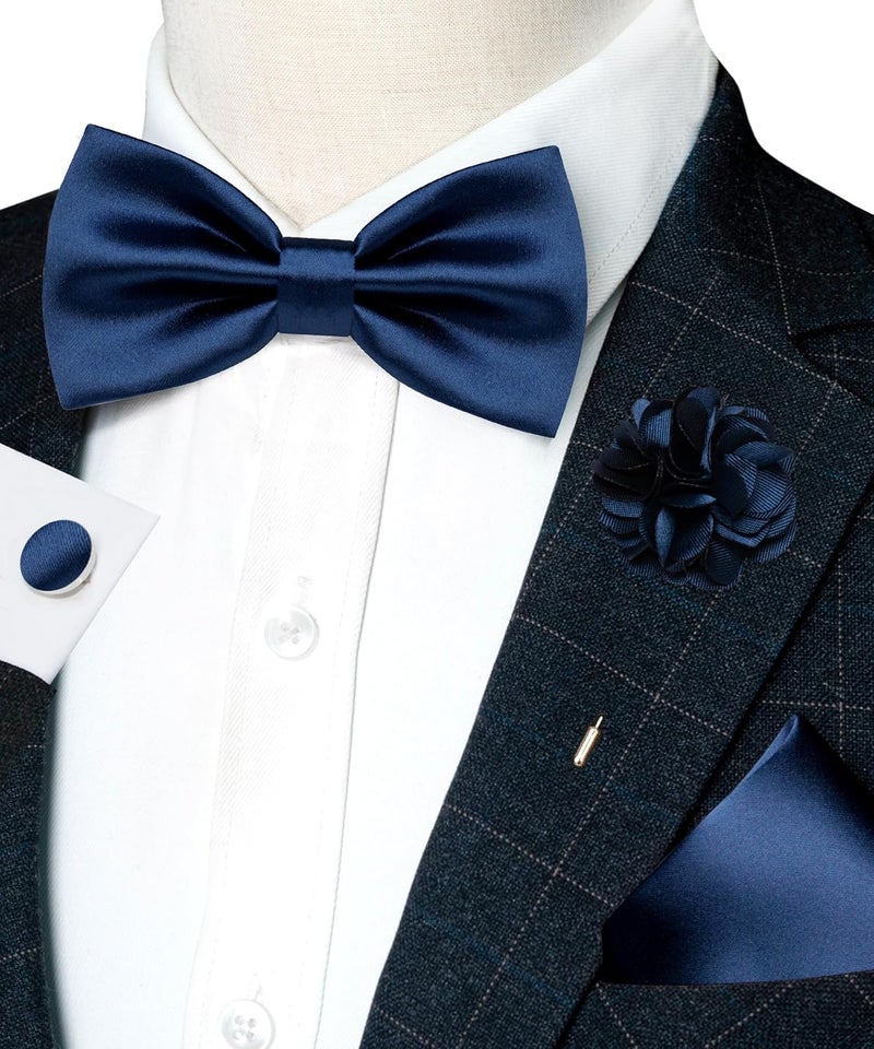 RBOCOTT Solid Color Bow Tie and Pocket Square with Lapel Pin Cufflinks Set 4PCS - Image 2